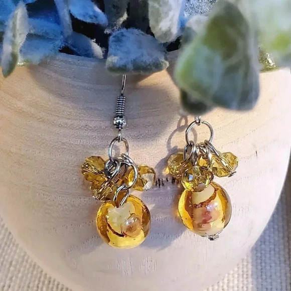 Amber Orange Murano Glass Flower Czech Crystal Bead Cluster Handcrafted Earrings - Picture 2 of 4